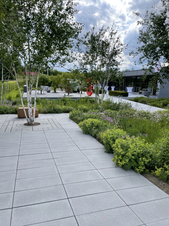 The image shows a modern, well-maintained garden with a paved path in the foreground. The path leads through a green landscape with various plants and trees, including several birches. In the background, there are additional garden areas and a modern office building.