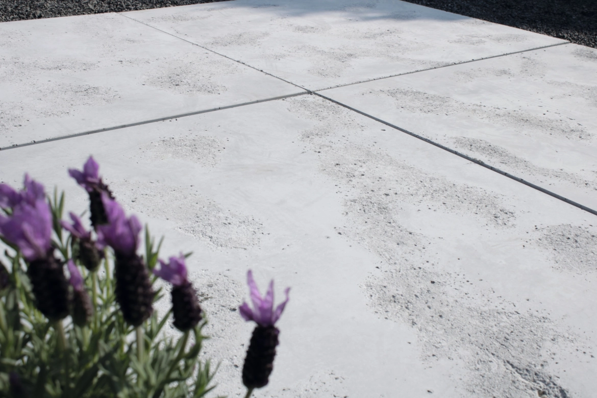 High-performance concrete with porous inclusions and flowers in the left-hand corner of the picture.