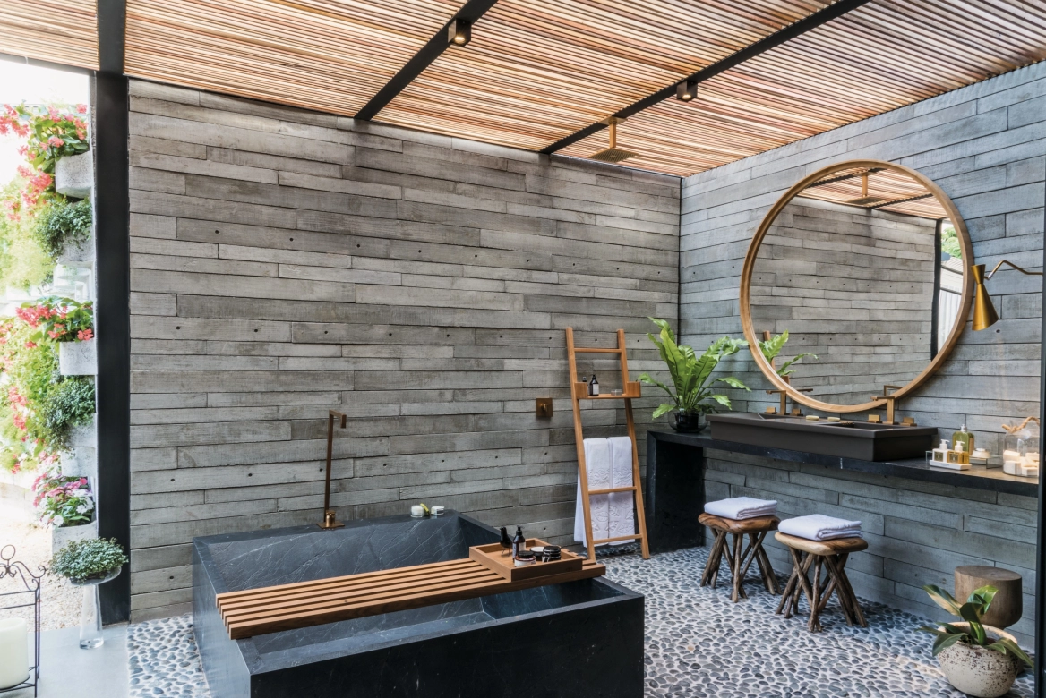 Kitchen and bathroom with concrete design tiles