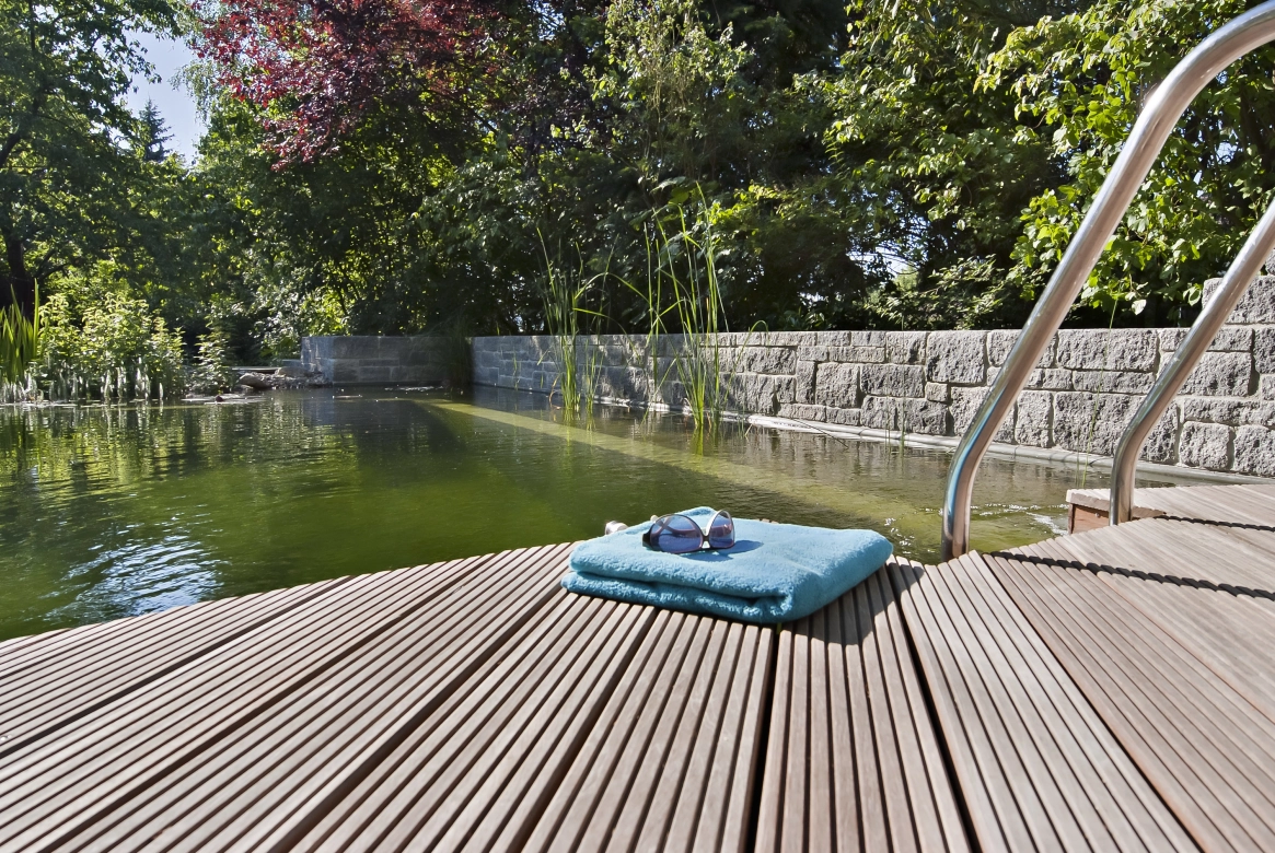 Naturpool vor einer Mauer in Natursteinoptik aus Beton 