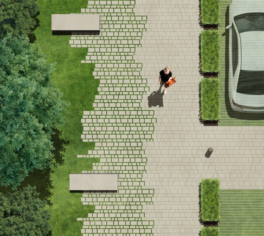 Darstellung eines Parks nach dem Prinzip Schwammstadt mit einer Kombination aus versickerungs- und verdunstungsfähigen Pflastersteinen und begrünten Rasenliner-Fugensteinen. Durch Bäume, Hecken und Menschen wird der Platz zusätzlich belebt.