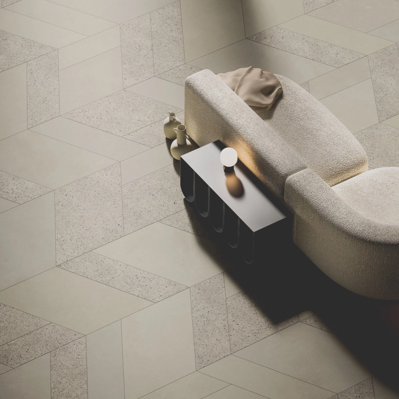 GDM.AWA tile: mixed laying pattern, color sand-beige and terrazzo