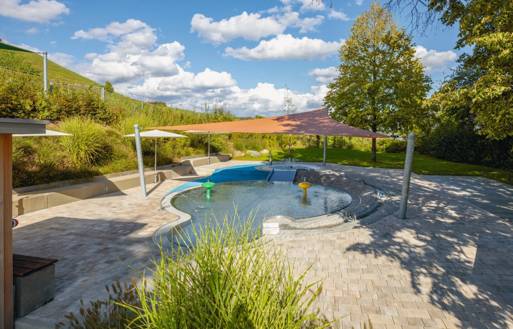 outdoor pool planted with plants