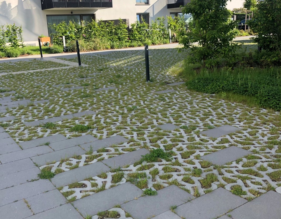 Traffic area in a residential complex. Greened turf ornament loosens up the paved area.