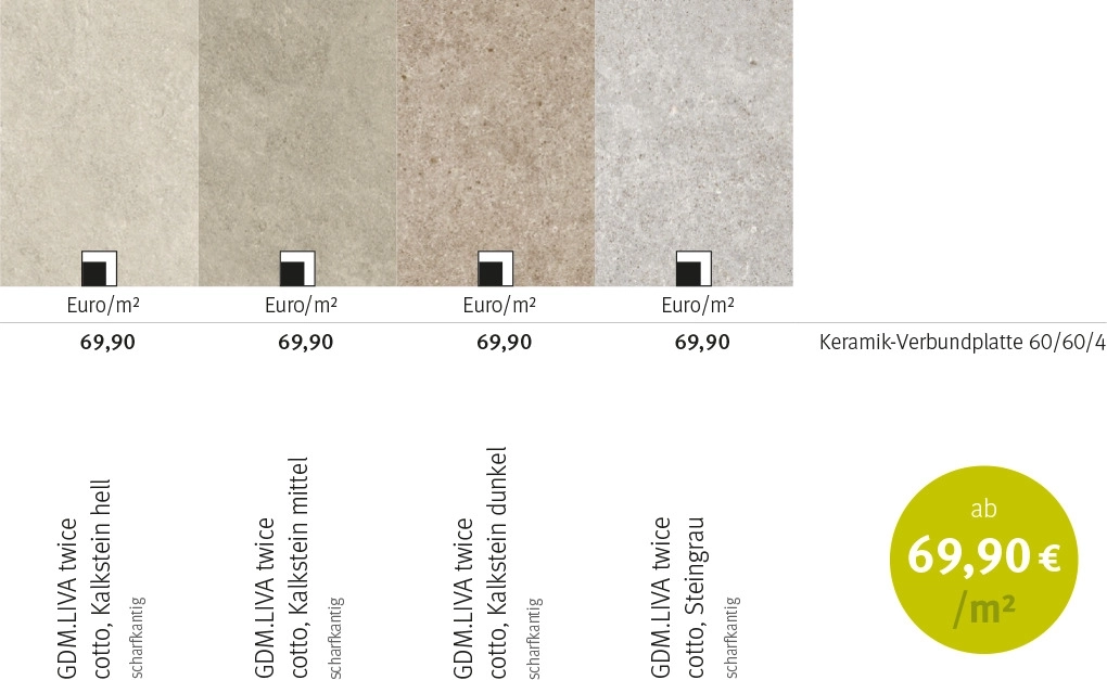 Table showing different surfaces, dimensions and prices of the ceramic composite tile GDM.LIVA twice