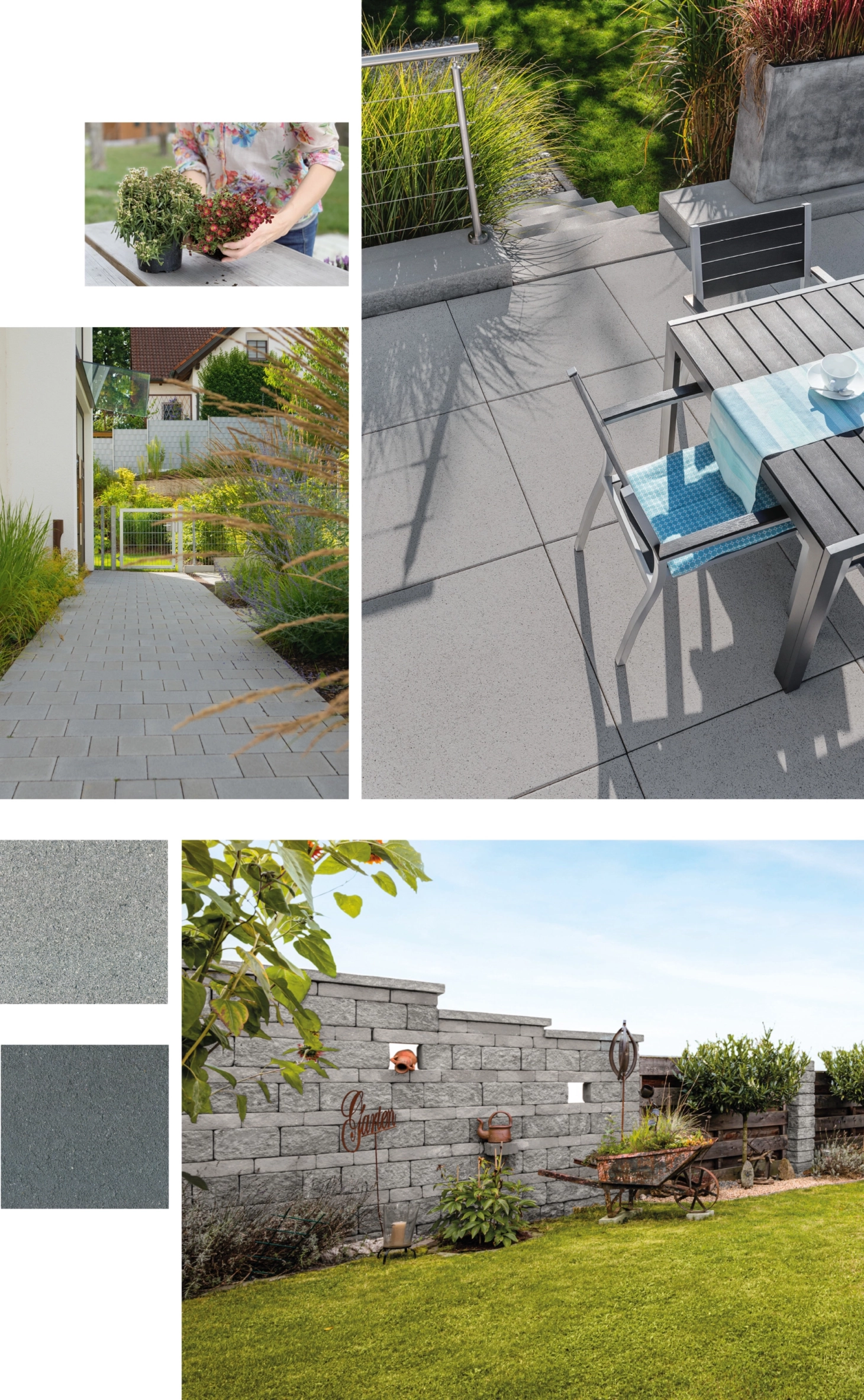 Moodboard with two surface images and four object images of a private property.