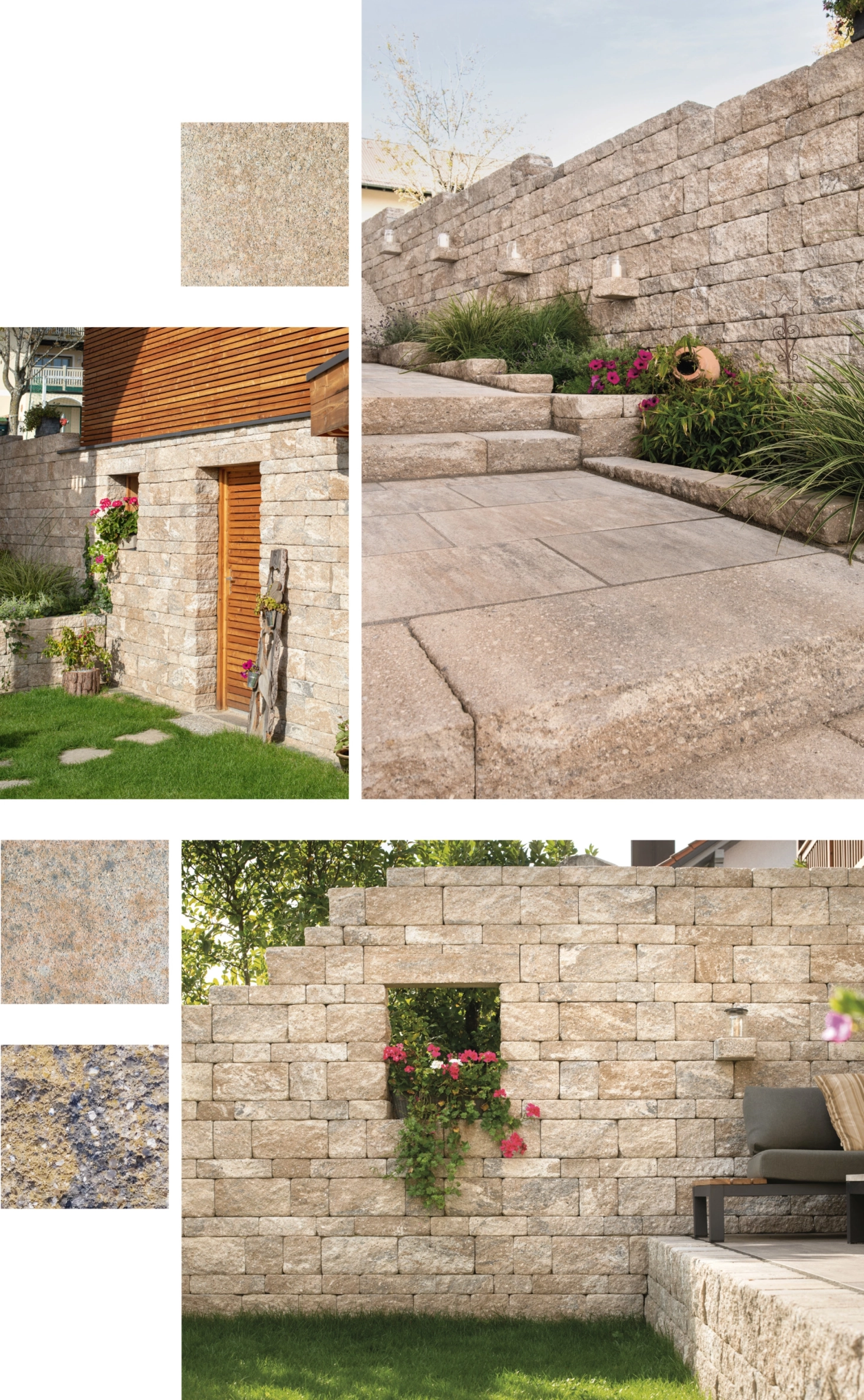 Moodboard consisting of three surface images and three object images of private gardens.