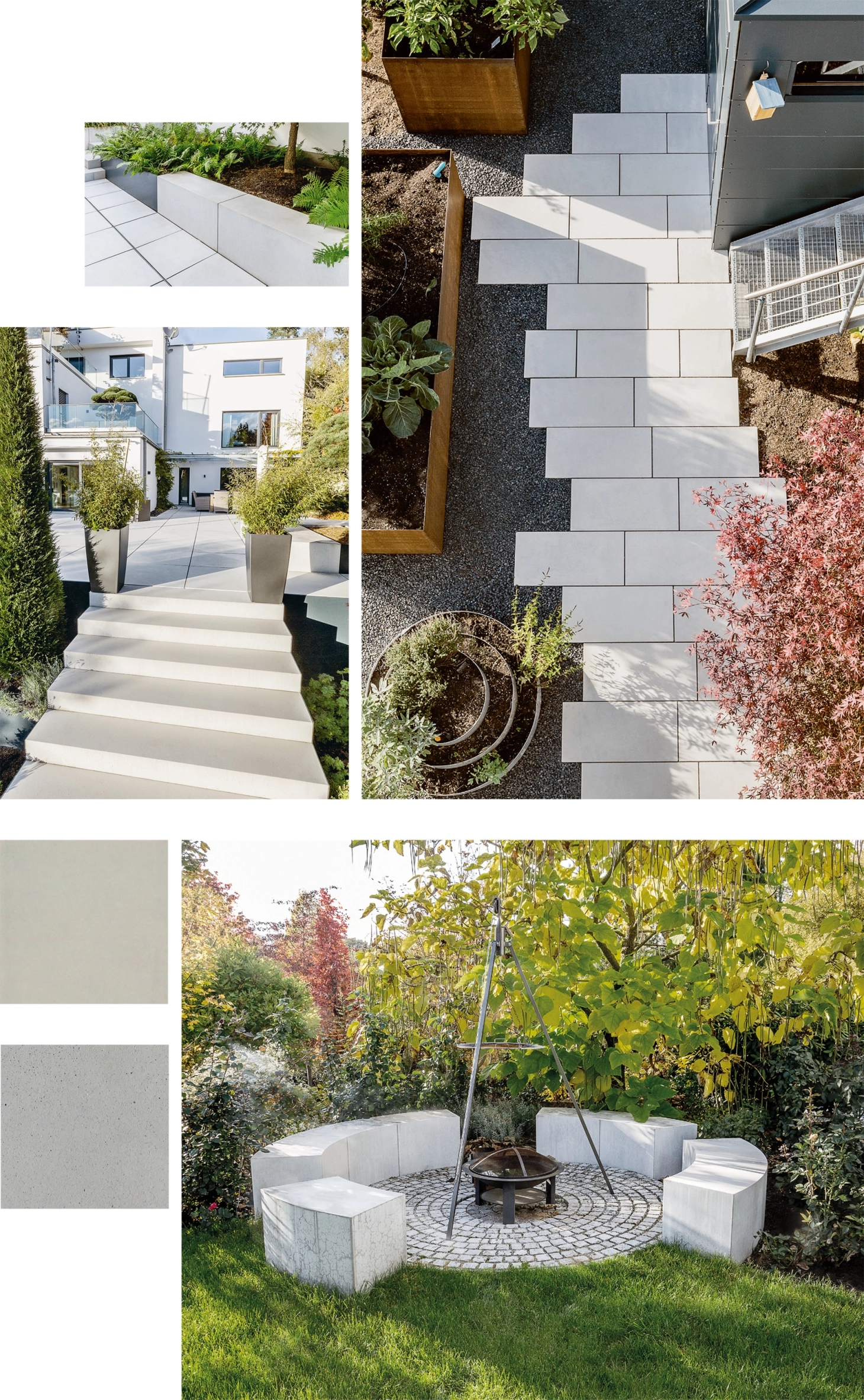 Moodboard with two surface images and four object images of a private property in Bavaria.