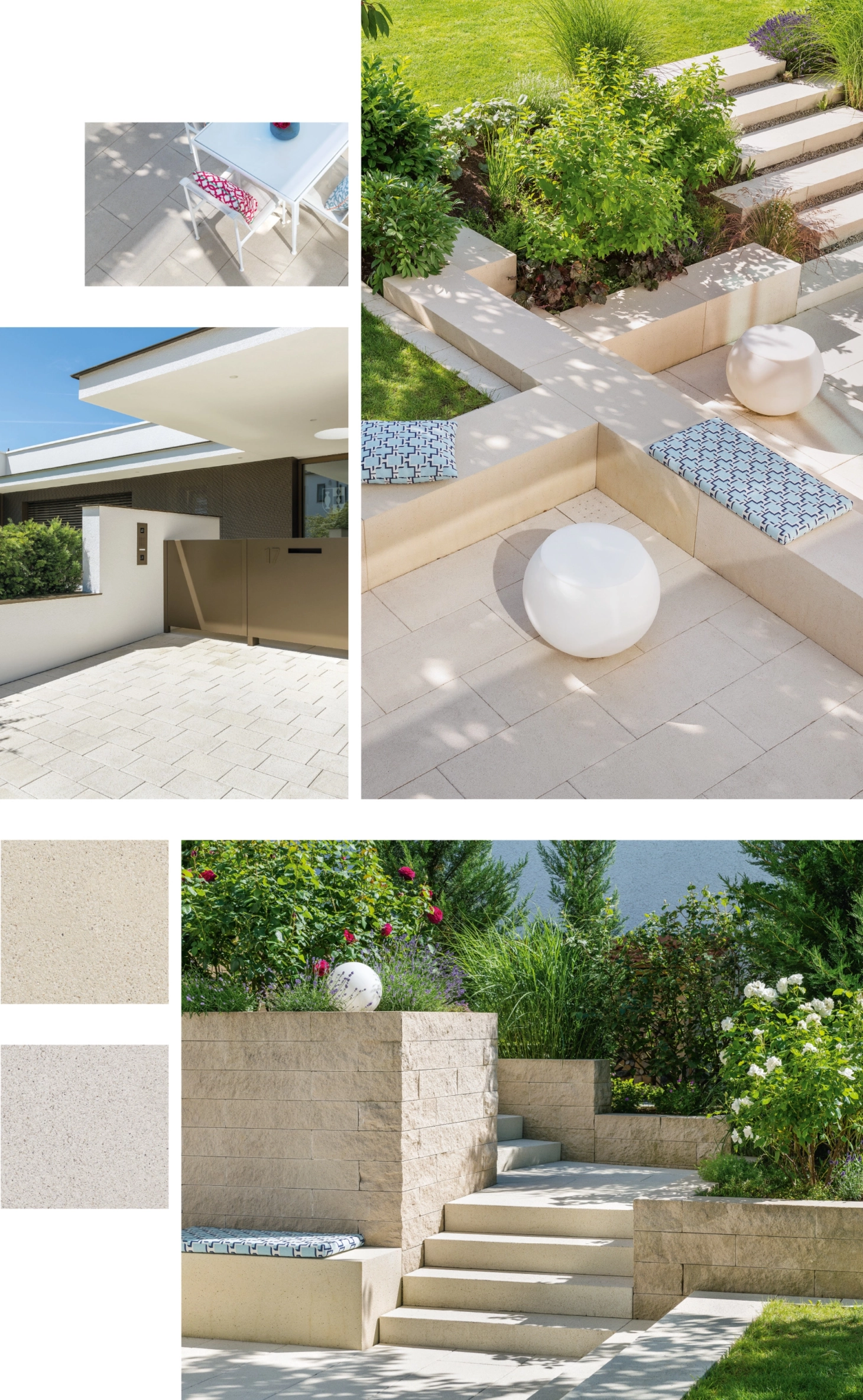 Moodboard with two surface images and four object images of a private property in Baden-Württemberg.