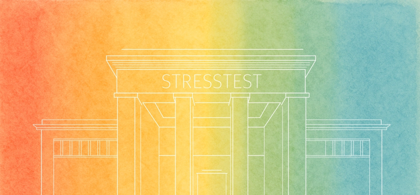 Line drawing of a building in the style of a Roman temple on a colorful background.