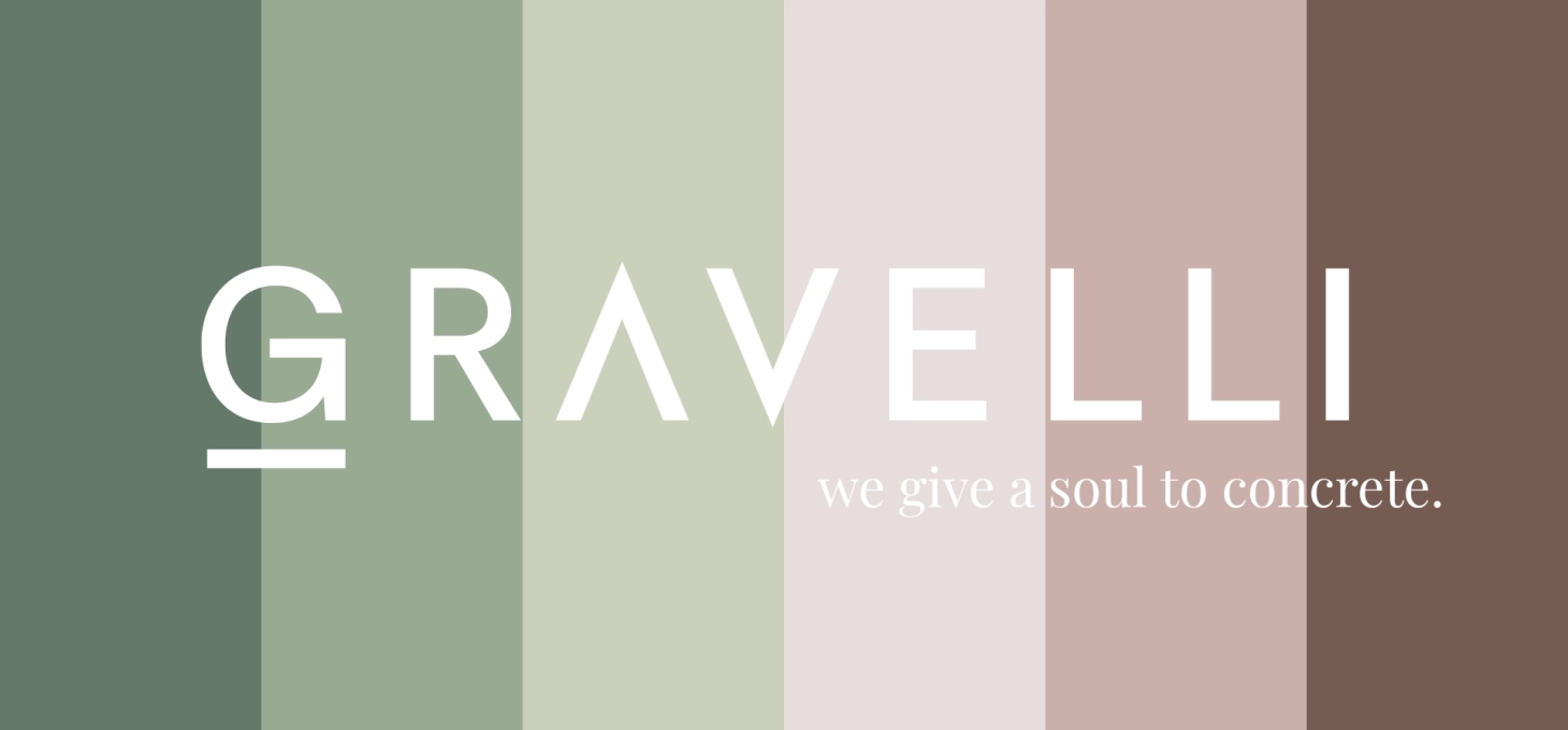 Das Logo von Gravelli steht auf den Markenfarben, die von links nach rechts von grün zu bräunlichen Farben verlaufen. Darunter steht der Claim: we give a soul to concrete.