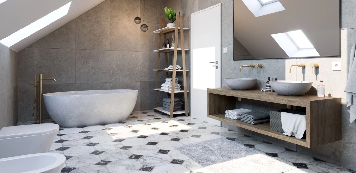 Bright bathroom with two concrete washbasins in grey