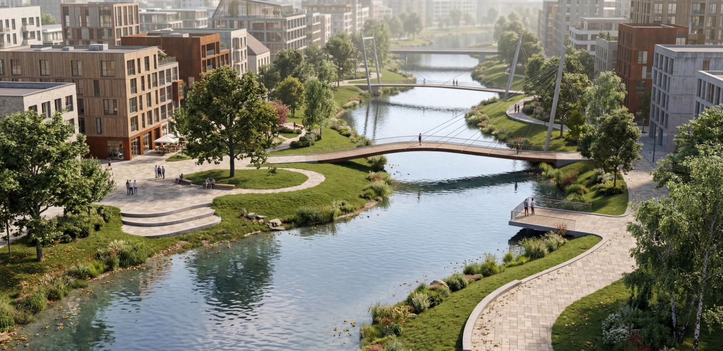 Luftaufnahme einer gürnen Schwammstadt, durch welche ein breiter Fluss fließt und alle wege mit dem GDM. KLIMASTEIN gepflastert sind. Dieser speichert Wasser und sorgt damit für deutlich kühlere Städte.