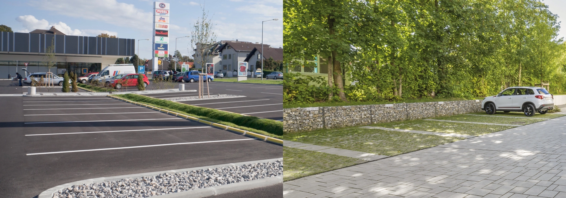 Links ist der Parkplatz des Marchfeld Center/Fachmarktzentrum Neukauf in Österreich zu sehen und rechts eine Wohnanlage in der Schweiz.