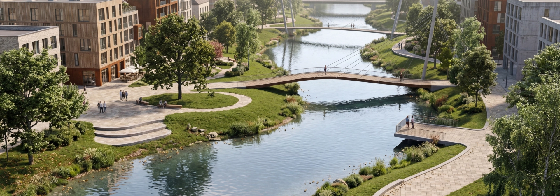 Aerial view of a green sponge city through which a wide river flows, with all the pavements laid with GDM. KLIMASTEIN. This material stores water, thereby ensuring significantly cooler cities.
