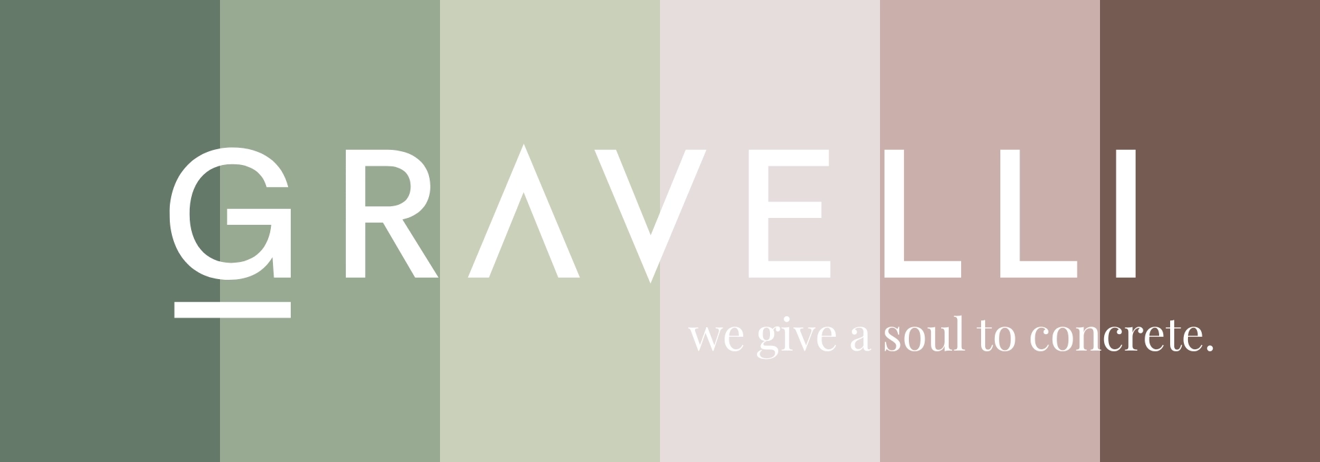 Das Logo von Gravelli steht auf den Markenfarben, die von links nach rechts von grün zu bräunlichen Farben verlaufen. Darunter steht der Claim: we give a soul to concrete.