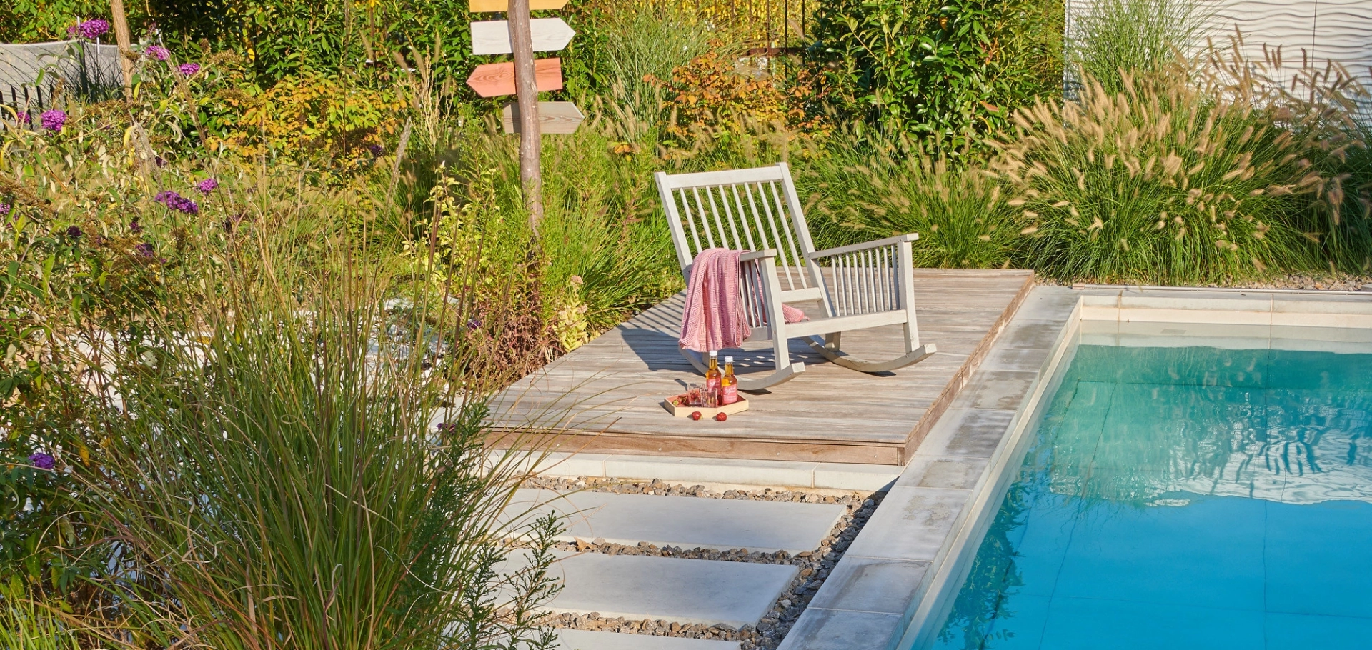 Dreamlike garden with pool and greenery