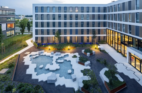 hotel building inner courtyard architecturally planted