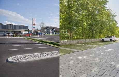 Links ist der Parkplatz des Marchfeld Center/Fachmarktzentrum Neukauf in Österreich zu sehen und rechts eine Wohnanlage in der Schweiz.