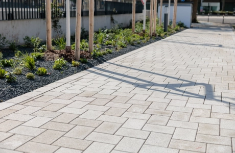 Well-kept footpath made of beige GDM.KLIMASTEIN, adjacent to a newly created bed with young trees and dense planting. In the background, a fence runs alongside the planting.