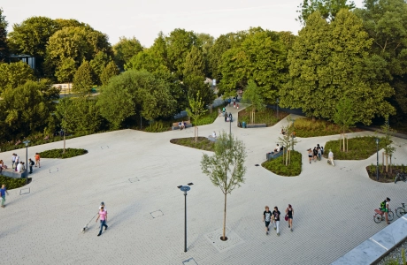 square planted with plants for pedestrians