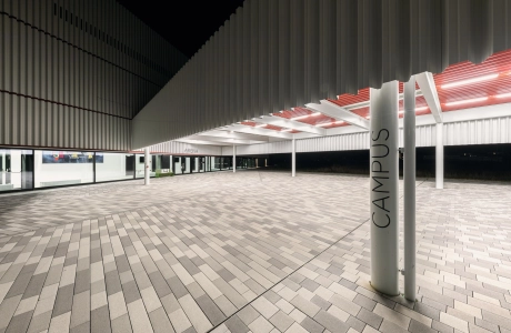 Überdachter Eingang zu modernem Sportzentrum mit Pflasterung in unterschiedlichen Grautönen