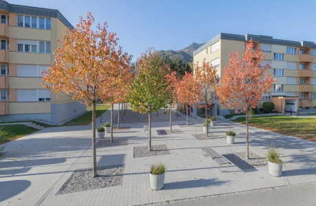 hellgrau gepflasterter Platz vor zwei orangenen Mehrfamilienhäusern mit mehreren Bäumen, Pflanzkübeln aus Beton und Sitzbänken