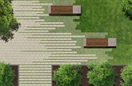 Depiction of a park based on the sponge city principle with a combination of infiltration and evaporation-capable paving stones and green lawn liner joint stones. Trees, hedges and other plants provide additional greenery for the park.