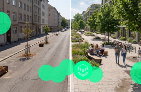 Splittscreen einer Schwammstadt-Fußgängerzone in welcher viele Menschen unterwegs sind. Der Splittscreen zeigt links eine versiegelte Fläche und rechts eine klimafreundliche Fläche, in der der Klimastein eingebaut ist.