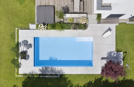 Pool terrace photographed from a bird's eye view