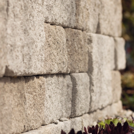 Close-up of a machine-aged wall in front of a flower bed.