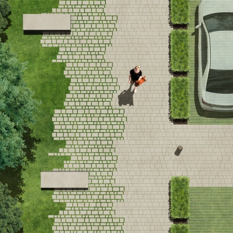 Depiction of a park based on the sponge city principle with a combination of infiltration- and evaporation-capable paving stones and grassed lawn liner jointing stones. Trees, hedges and people bring the square to life.