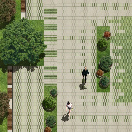 Depiction of a park based on the sponge city principle with a combination of infiltration and evaporation-capable paving stones and green lawn liner paving stones. Trees, hedges and people bring the square to life.