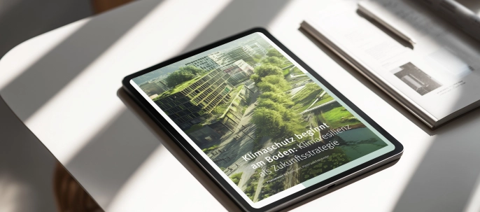 Mockup eines iPads mit dem Whitepaper „Klimaschutz beginnt am Boden: Klimaresilienz als Zukunftsstrategie“