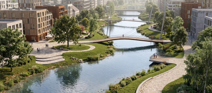 Luftaufnahme einer gürnen Schwammstadt, durch welche ein breiter Fluss fließt und alle wege mit dem GDM. KLIMASTEIN gepflastert sind. Dieser speichert Wasser und sorgt damit für deutlich kühlere Städte.