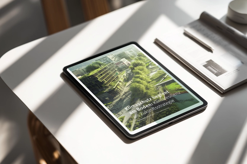 iPad with the whitepaper "Climate protection starts on the ground: climate resilience as a strategy for the future"