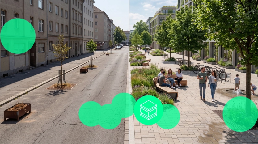 Splittscreen einer Schwammstadt-Fußgängerzone in welcher viele Menschen unterwegs sind. Der Splittscreen zeigt links eine versiegelte Fläche und rechts eine klimafreundliche Fläche, in der der Klimastein eingebaut ist.