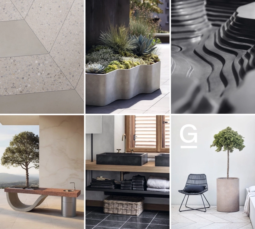 Gravelli product portfolio: tiles, planters, outdoor kitchen, washbasin