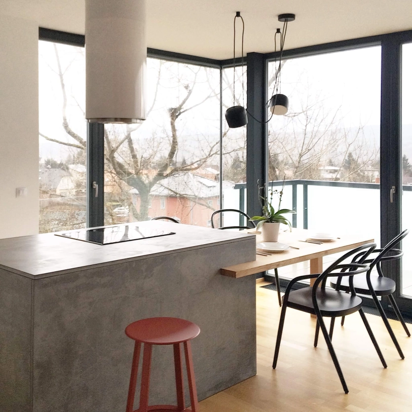 Kitchen worktop with adjoining dining table