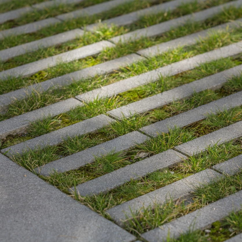 Close-up of gray grass liner paving stones with a wide, vegetated joint, which in combination with evaporation-capable concrete blocks contribute to the sponge city principle.