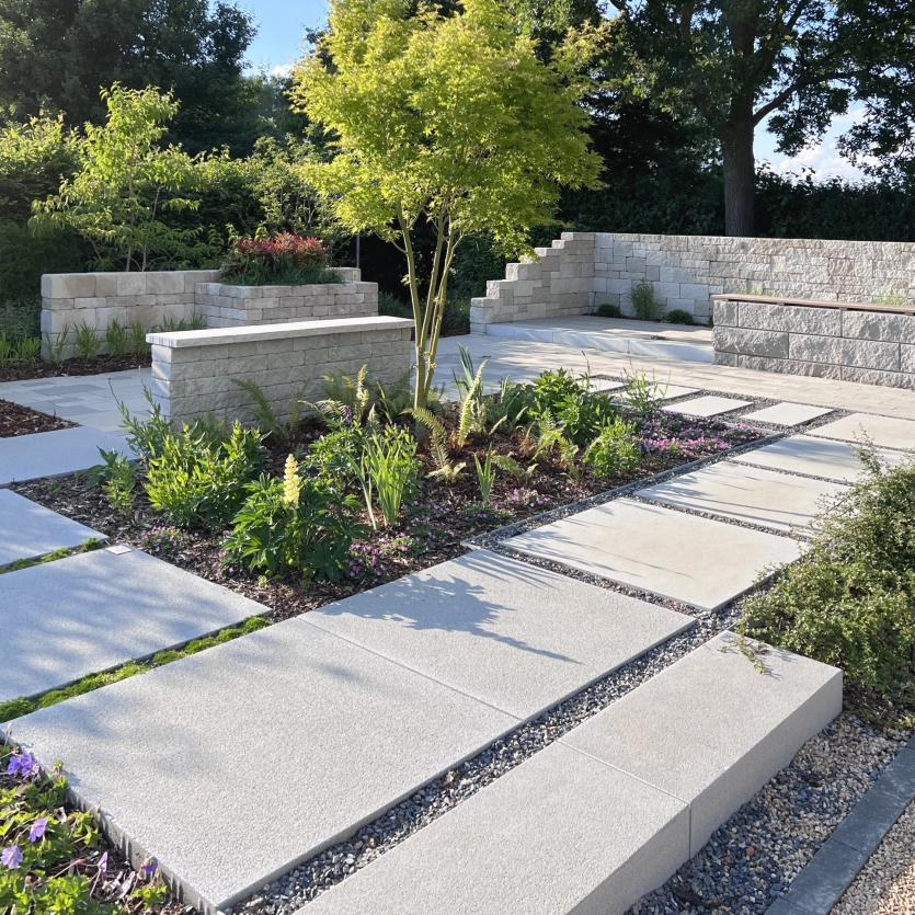 Modern garden with large-format patio slabs and privacy walls.
