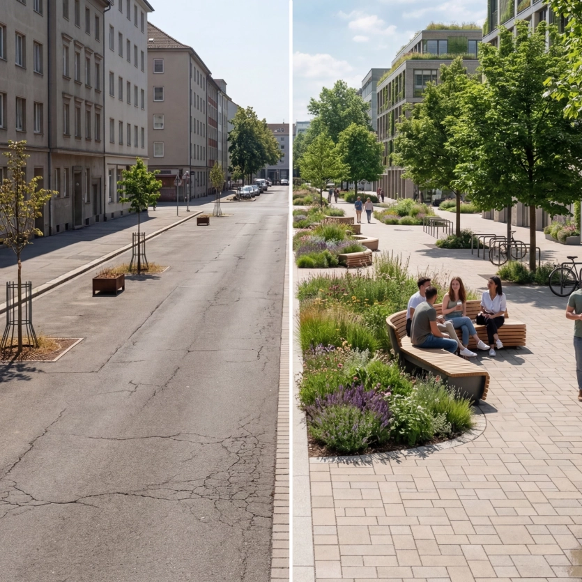 A split-screen view of a German city in transition: on the left, the current situation with little greenery, lots of tarmac and heat; on the right, the ideal future with plenty of greenery, climate-friendly paving (Climate Stone) and lots of people.