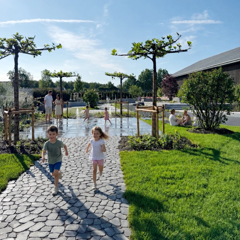 Kinder laufen im Ideen-Garten Maitenbeth auf einem Gartenweg mit GDM.BOLERO stone entlang