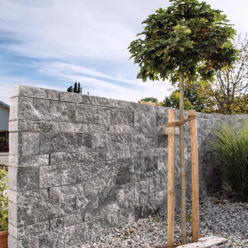 Screen wall on a gravel base with a deciduous tree in front of the wall.
