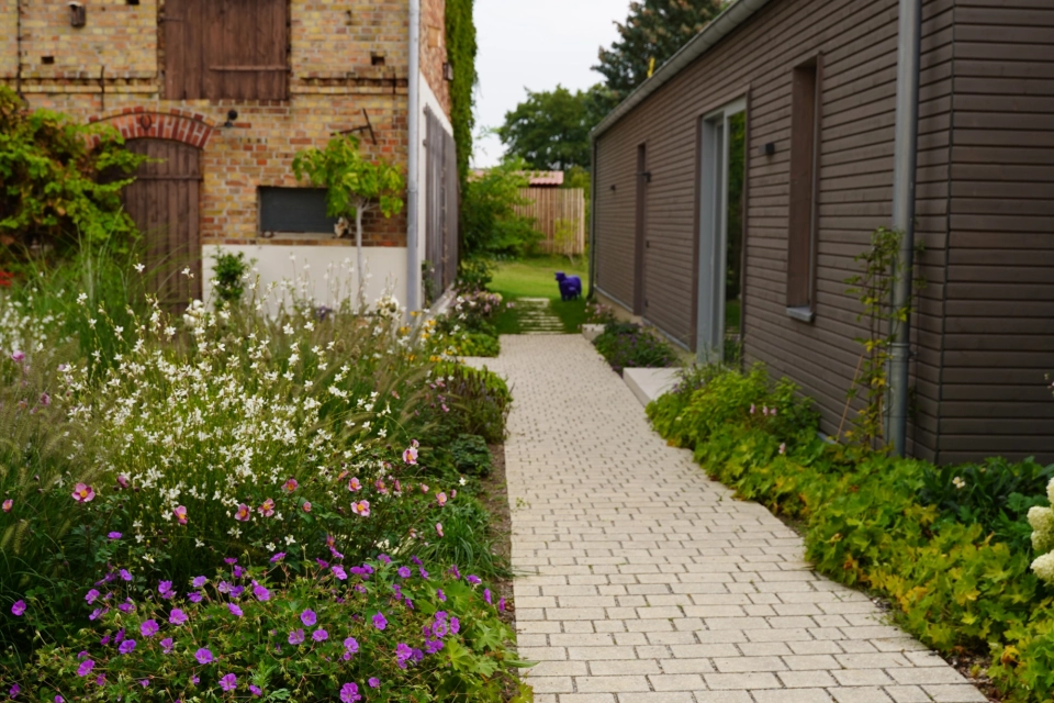 A garden planted with flowers and shrubs in the foreground, which is surrounded by a natural beige paved path in a row. In the background, a modern building can be seen on the right and a rustic building on the left.
