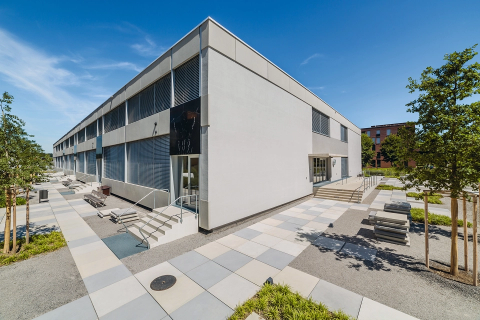 school complex platz modern inner city planted