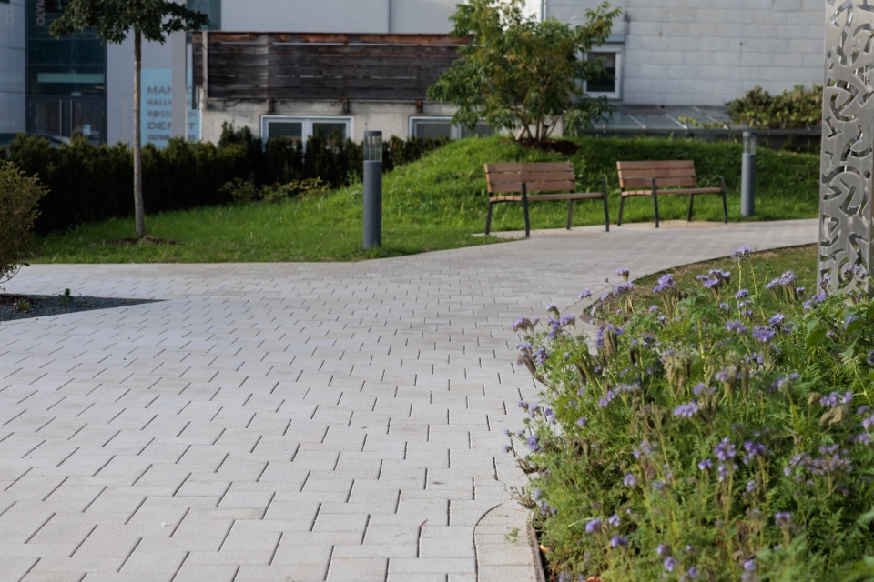 View of a curved path made of beige GDM.CLIMATE STONE that leads through a landscaped outdoor area with a flower bed, trees and two wooden benches. Building facades and well-tended green areas are visible in the background.