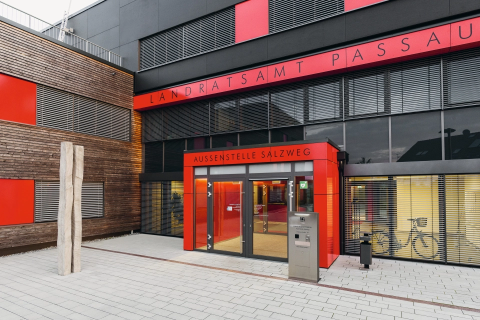 new building entrance planted modern